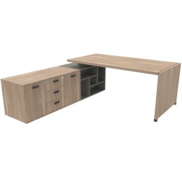 Scrivania con piano e gambe in legno con due librerie Evo portanti e mobile di servizio Tower Evo