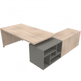 Scrivania con piano e gambe in legno con due librerie Evo portanti e mobile di servizio Tower Evo