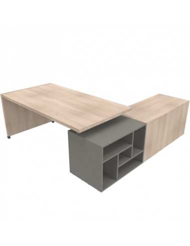 Scrivania con piano e gambe in legno con due librerie Evo portanti e mobile di servizio Tower Evo