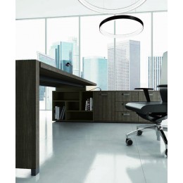 Scrivania con piano e gambe in legno con due librerie Evo portanti e mobile di servizio Tower Evo