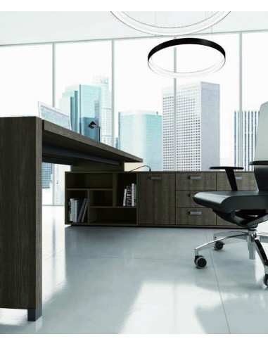 Scrivania con piano e gambe in legno con due librerie Evo portanti e mobile di servizio Tower Evo