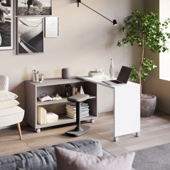 Home Office Bea - Scrivania angolare richiudibile 90° su ruote - Colore Stone Grey/Bianco