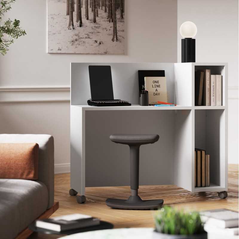 Home Office Gaia - Scrivania 120x47,5x75/110cm lineare su ruote con libreria e porta-cpu - Colore Bianco