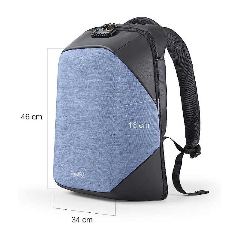 Tekniko big AZZURRO - Zaino Antifurto dimensioni 34 x 46 x 16 cm Intempo idrorepellente tecnico con serratura presa usb