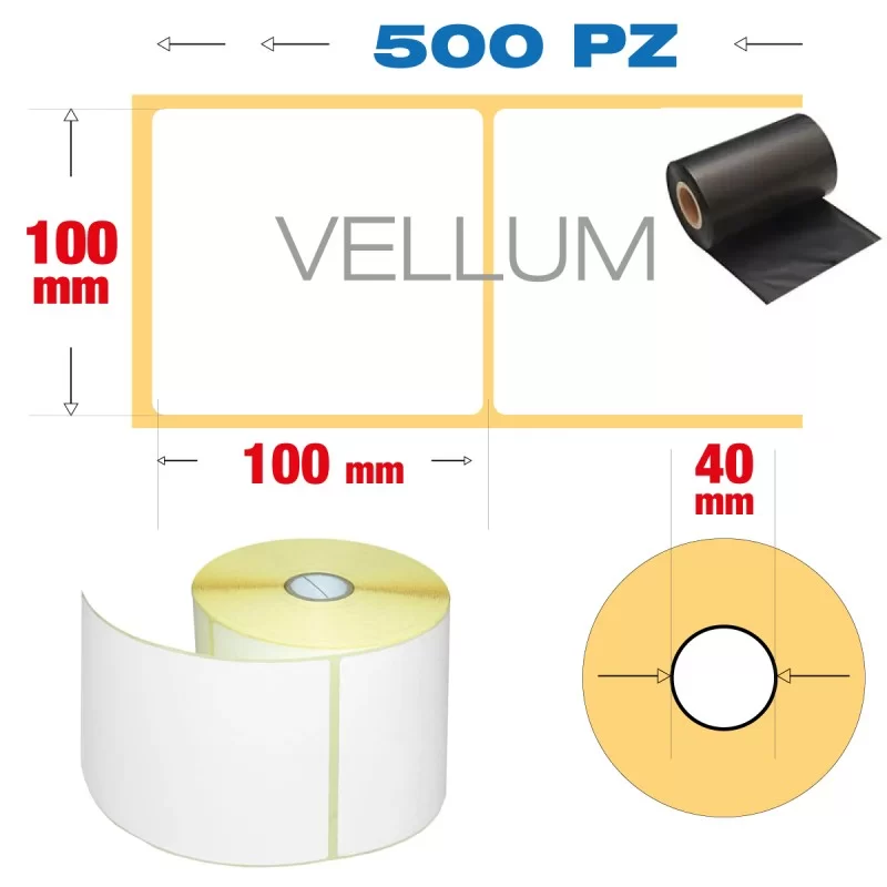 100 x 100 mm, f. 40 - Rotolo n° 500 etichette vellum adesive stampa con ribbon