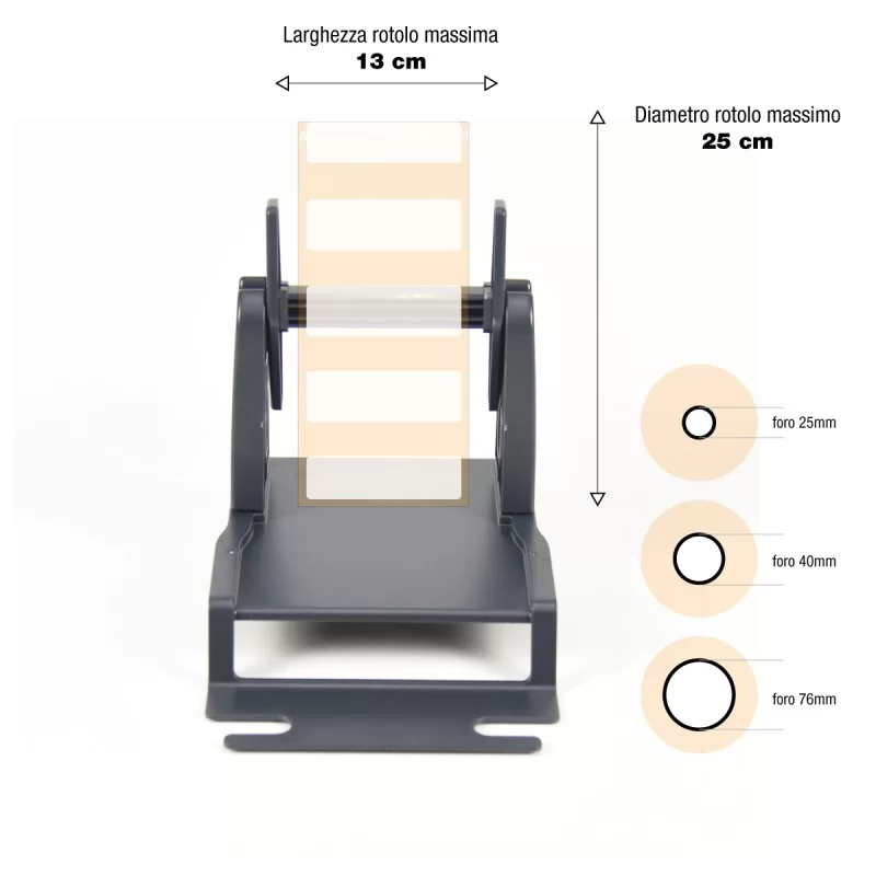 Portarotolo esterno per stampanti etichette universale per rotoli con anima 25/40/76mm
