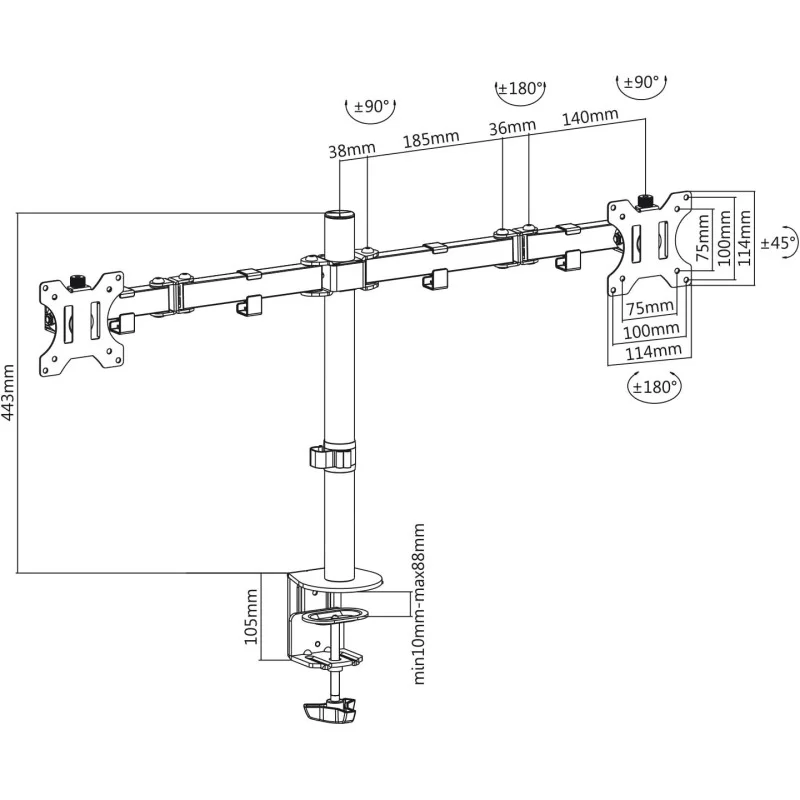 MACLEAN MC-884 Supporto da scrivania per 2 Monitor LCD 17-32" 2 X 8KG (max 16Kg) VESA 75X75 E 100X100