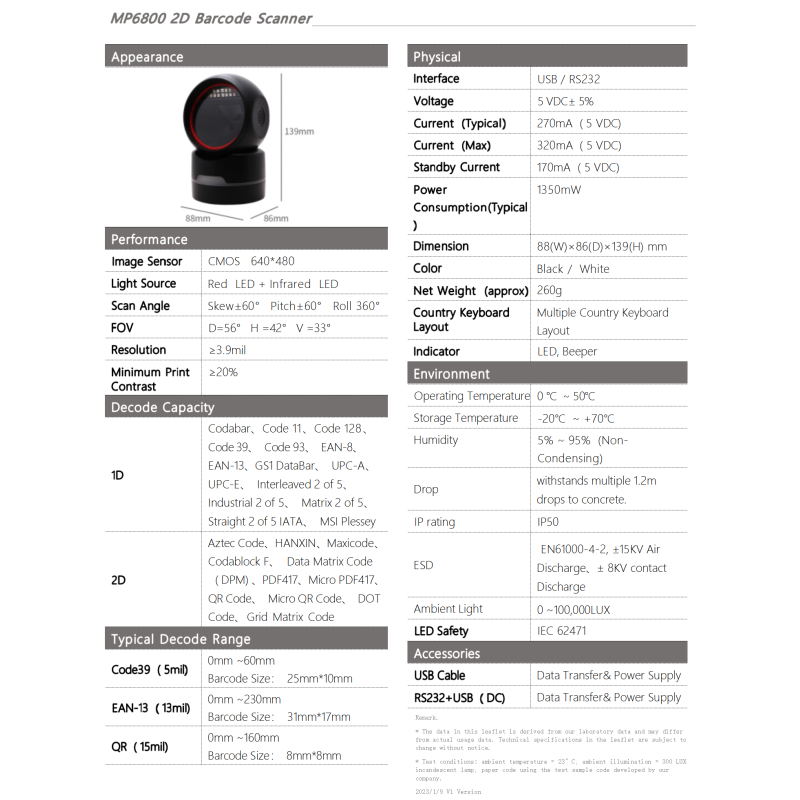 Scanner MP6800 | Lettore Codici a Barre 1D/2D da Banco - Tickoffice