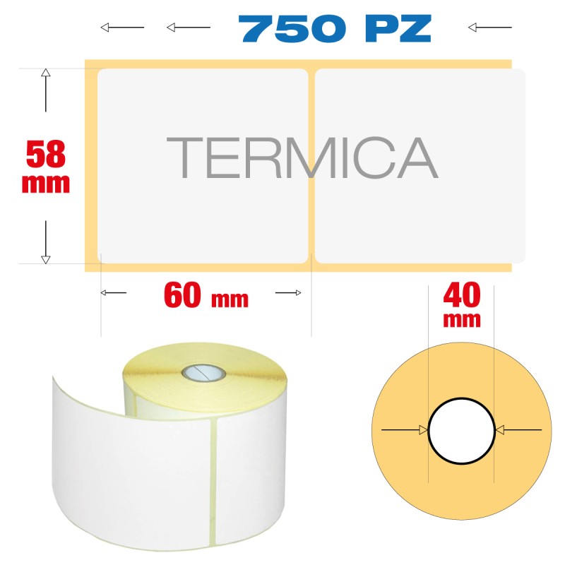 58 x 60 mm, f. 40 - Rotolo n°750 etichette termiche adesive bianche