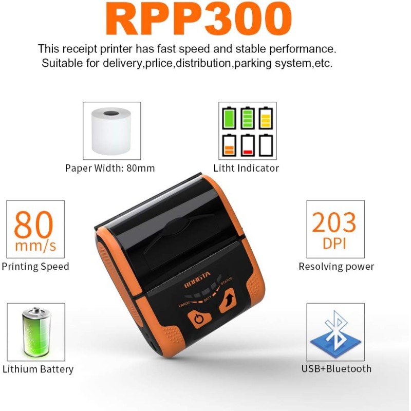 RPP300 - Stampante 80mm termica diretta portatile - Bluetooth, Usb, Wireless - ARANCIO