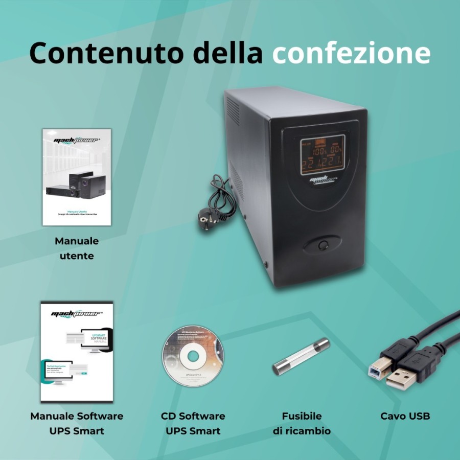 UPS Line Interactive 2000VA, Stabilizzatore AVR, 2 Batterie 12V/9Ah, 2 Uscite Schuko/Ita, Porta USB, Protezione RJ