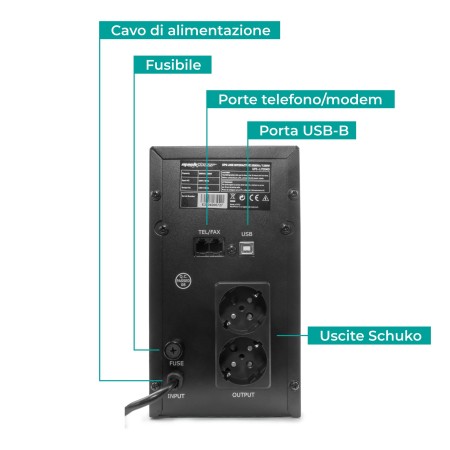 UPS Line Interactive 2000VA, Stabilizzatore AVR, 2 Batterie 12V/9Ah, 2 Uscite Schuko/Ita, Porta USB, Protezione RJ