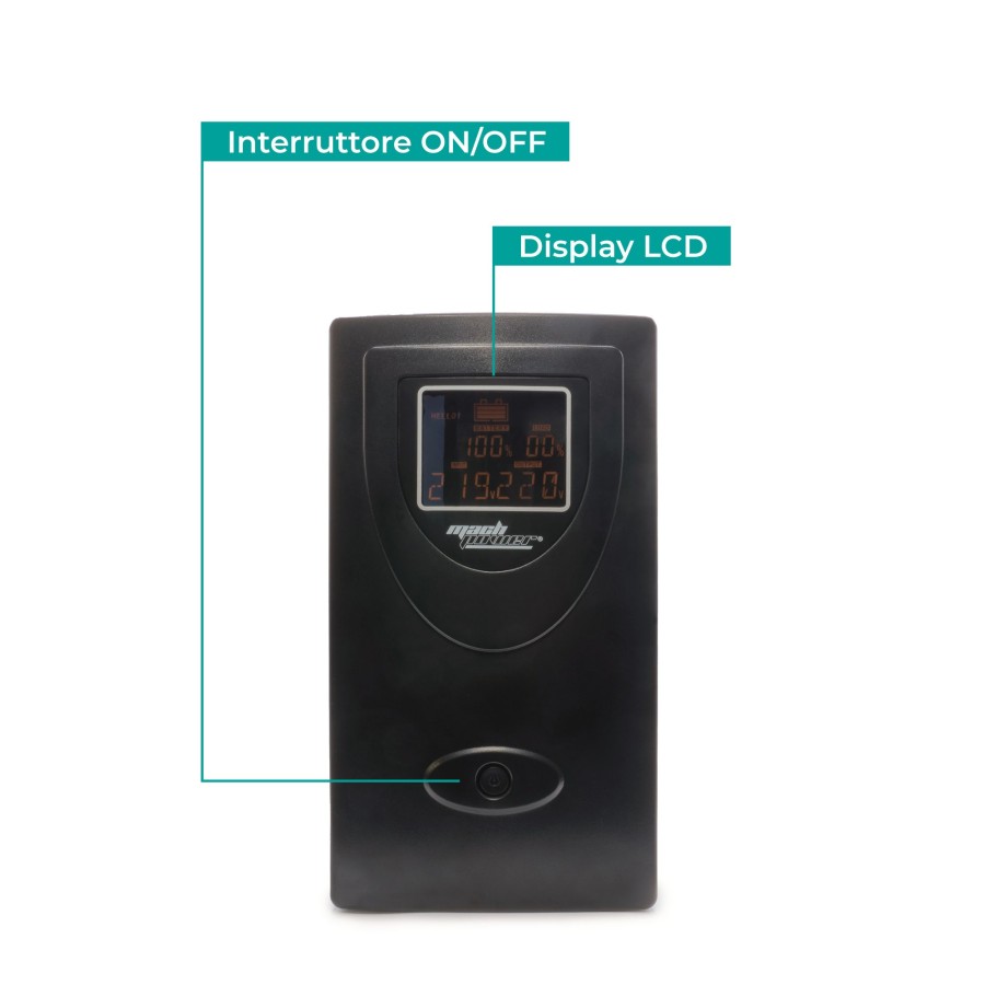 UPS Line Interactive 2000VA, Stabilizzatore AVR, 2 Batterie 12V/9Ah, 2 Uscite Schuko/Ita, Porta USB, Protezione RJ