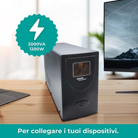 UPS Line Interactive 2000VA, Stabilizzatore AVR, 2 Batterie 12V/9Ah, 2 Uscite Schuko/Ita, Porta USB, Protezione RJ