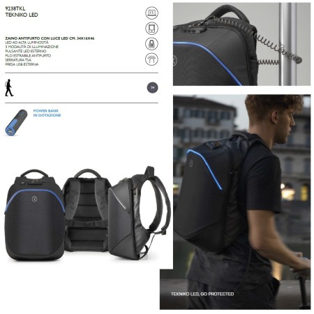 Tekniko LED - Zaino Antifurto dimensioni 34 x 46 x 16 cm Intempo idrorepellente tecnico con serratura presa usb - colore NERO