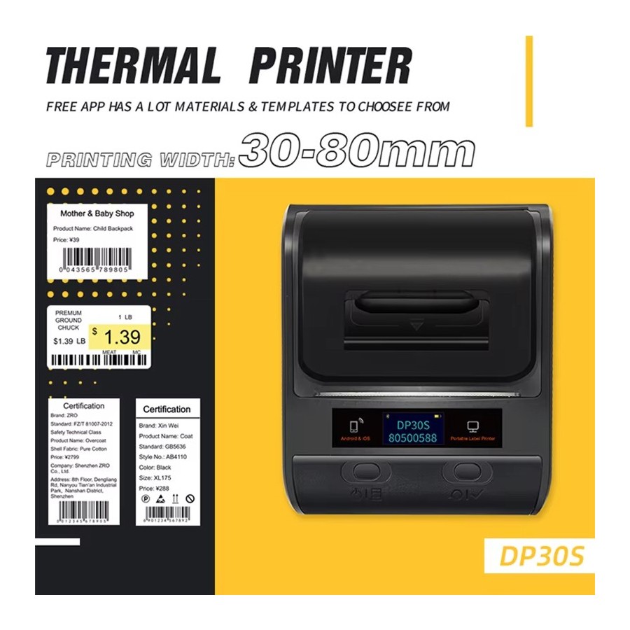 Stampante Etichette Termica DP30S | Portatile Bluetooth & USB | 25-80mm 203DPI