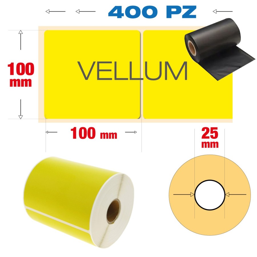 Rotolo di etichette adesive Vellum bianche 100 x 100 mm con foro anima da 25 mm.