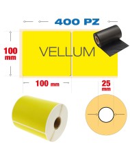 Rotolo di etichette adesive Vellum bianche 100 x 100 mm con foro anima da 25 mm.