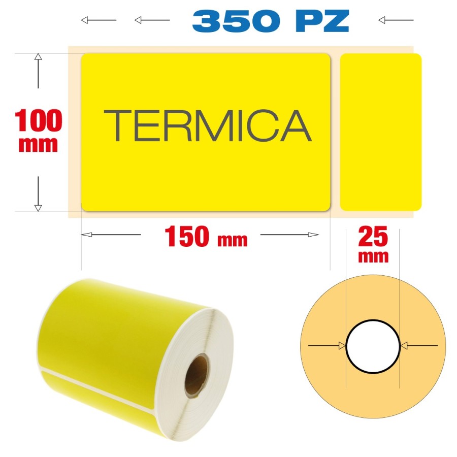 Rotolo di 350 etichette termiche dirette adesive, colore giallo, formato spedizione 100 x 150 mm con anima da 25 mm.