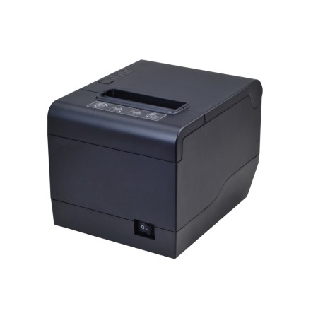 Stampante termica per ricevute Modello 808 nera, vista frontale. Connettività USB, LAN, WiFi e Bluetooth 4-in-1.