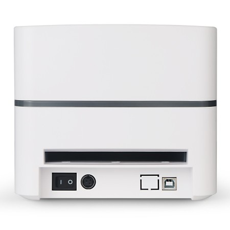 Vista posteriore della stampante M4201 bianca con porta USB e connessione WiFi